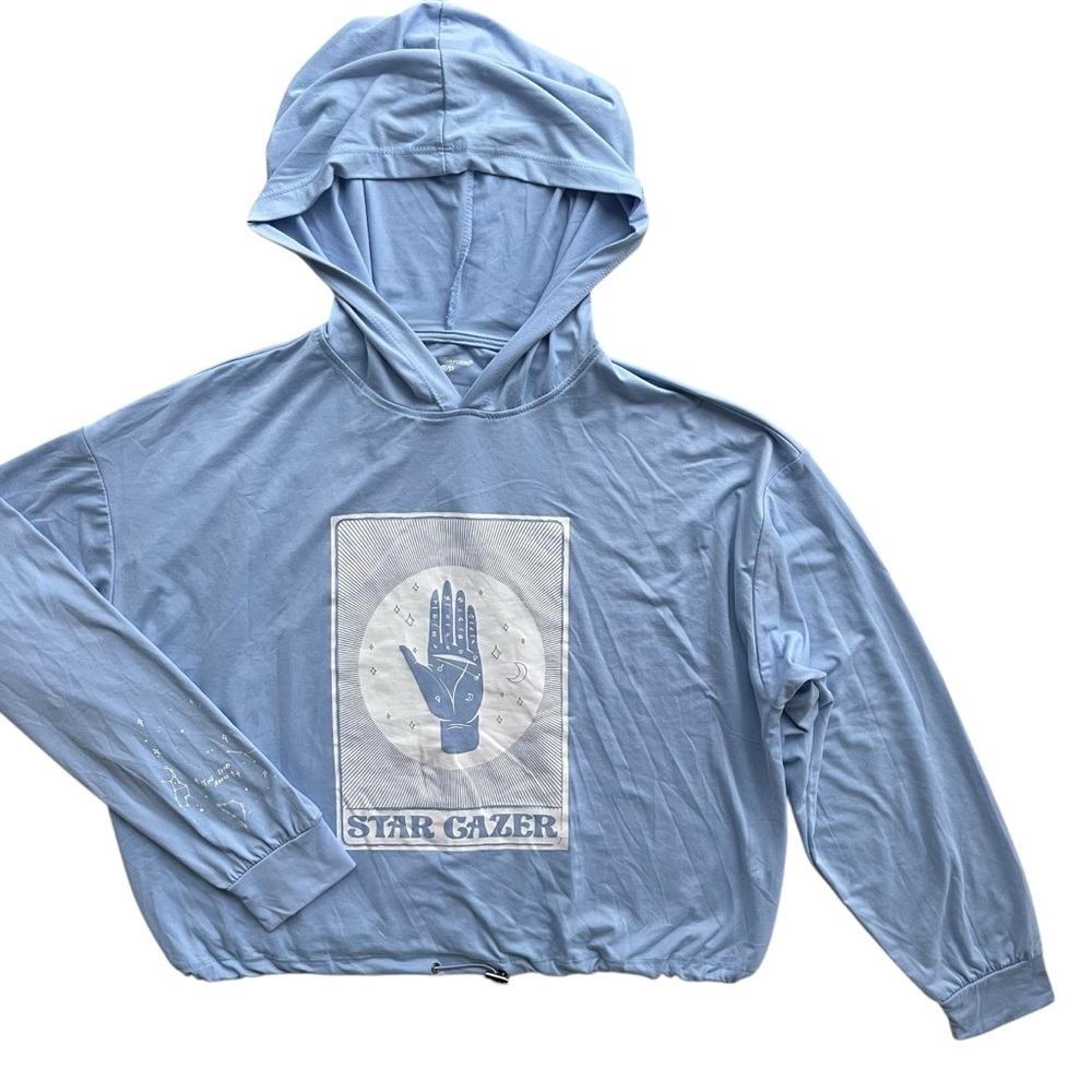 Charlotte Russe Womens S Light Blue Star Gazer Galaxy Crop Drawcord Waist Hoodie
